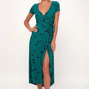 Teal Green Floral Print Wrap Midi Dress